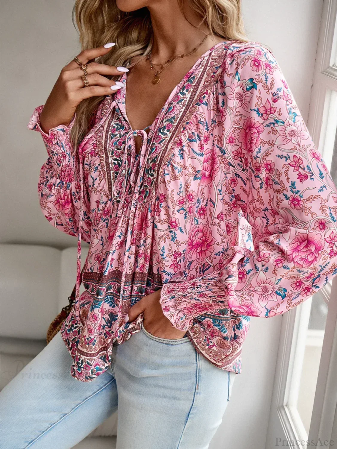 Casual V-Neck Floral Print Long Sleeve Boho Blouse - Image 8