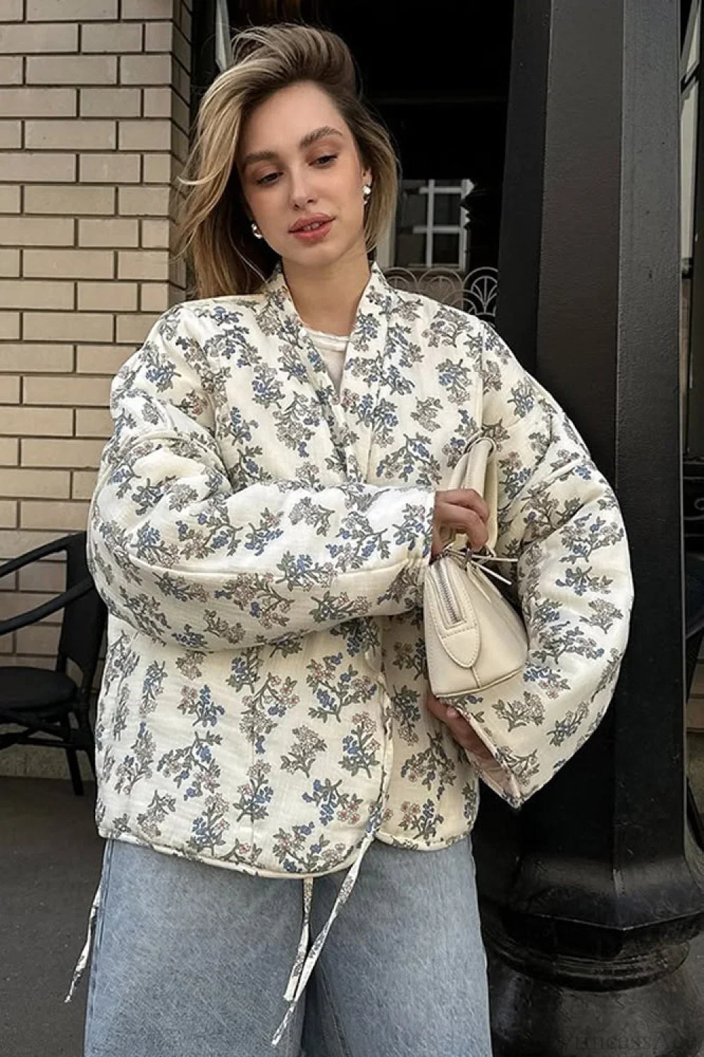 Casual Versatile Printed V-Neck Drawstring Padded Coat - Image 2