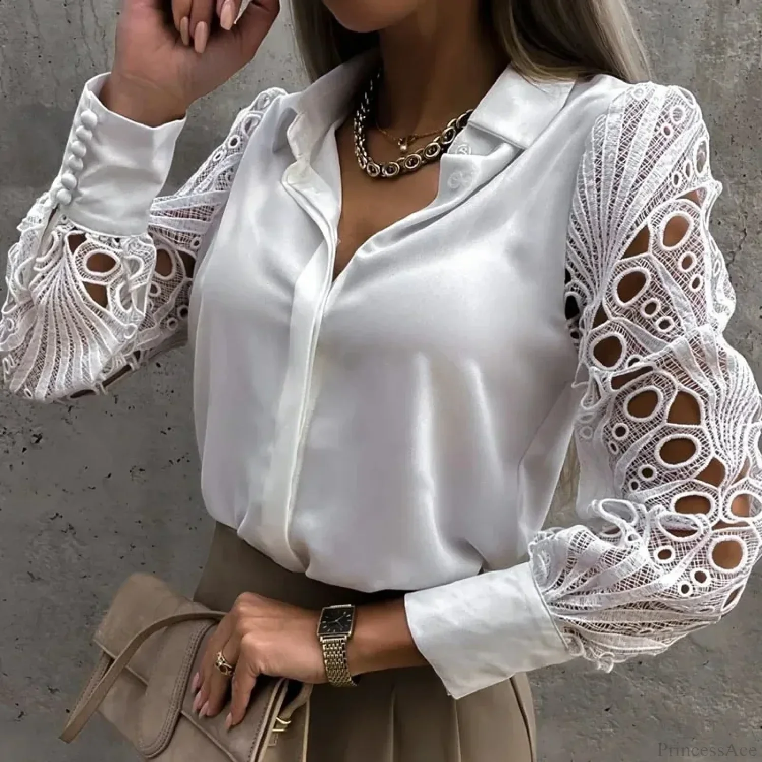 Casual White Lace Hollow-out Button Blouse - Image 2