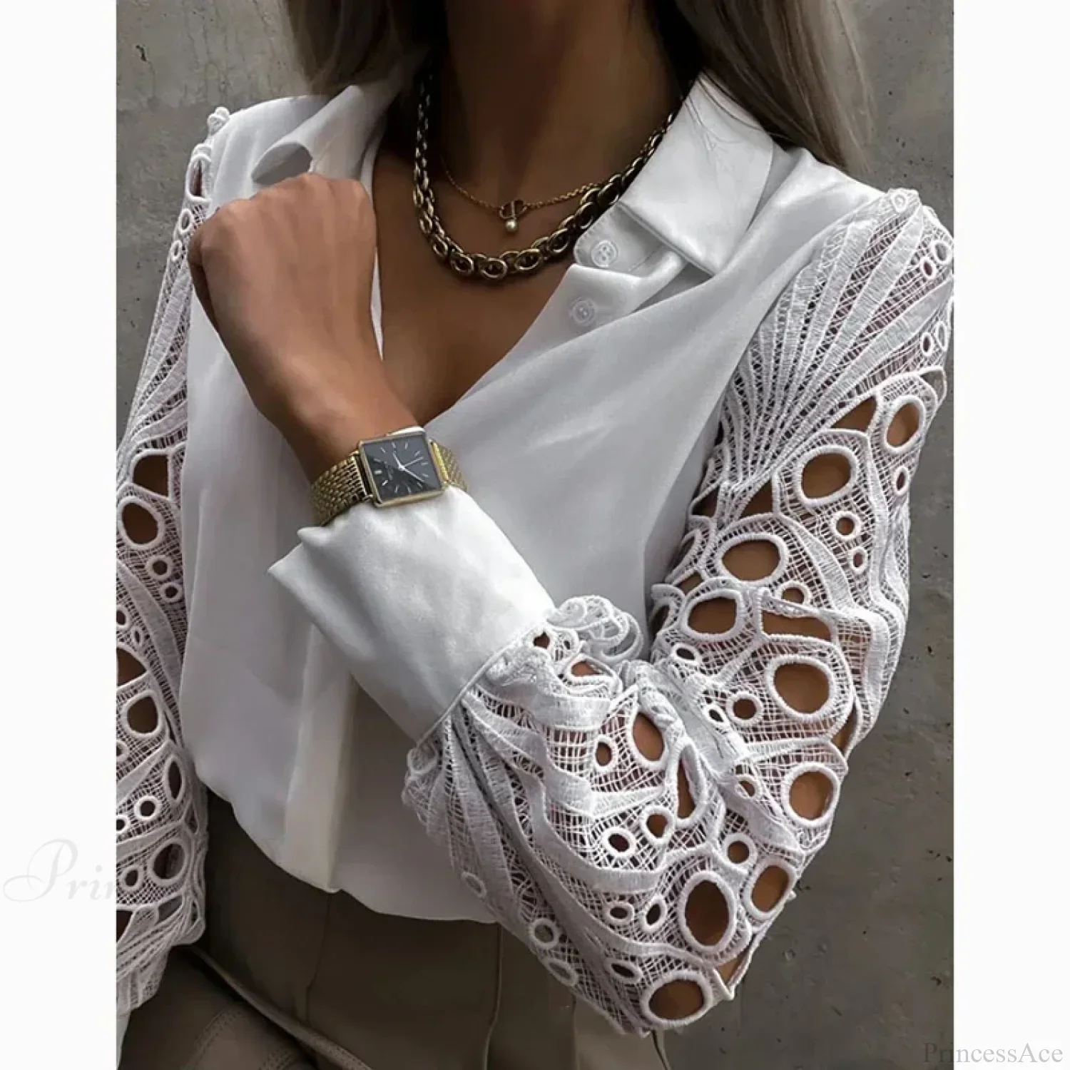 Casual White Lace Hollow-out Button Blouse - Image 3