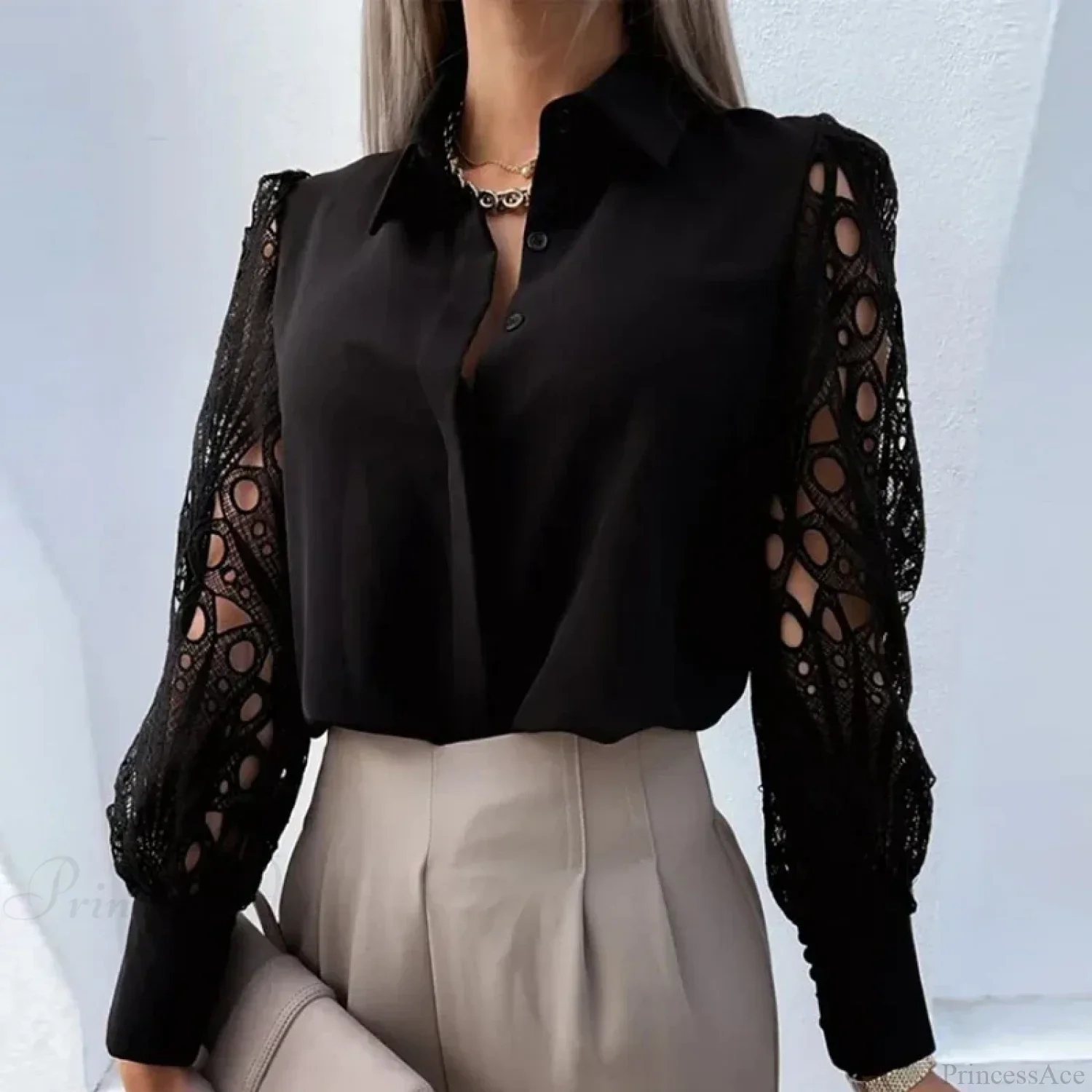 Casual White Lace Hollow-out Button Blouse - Image 5