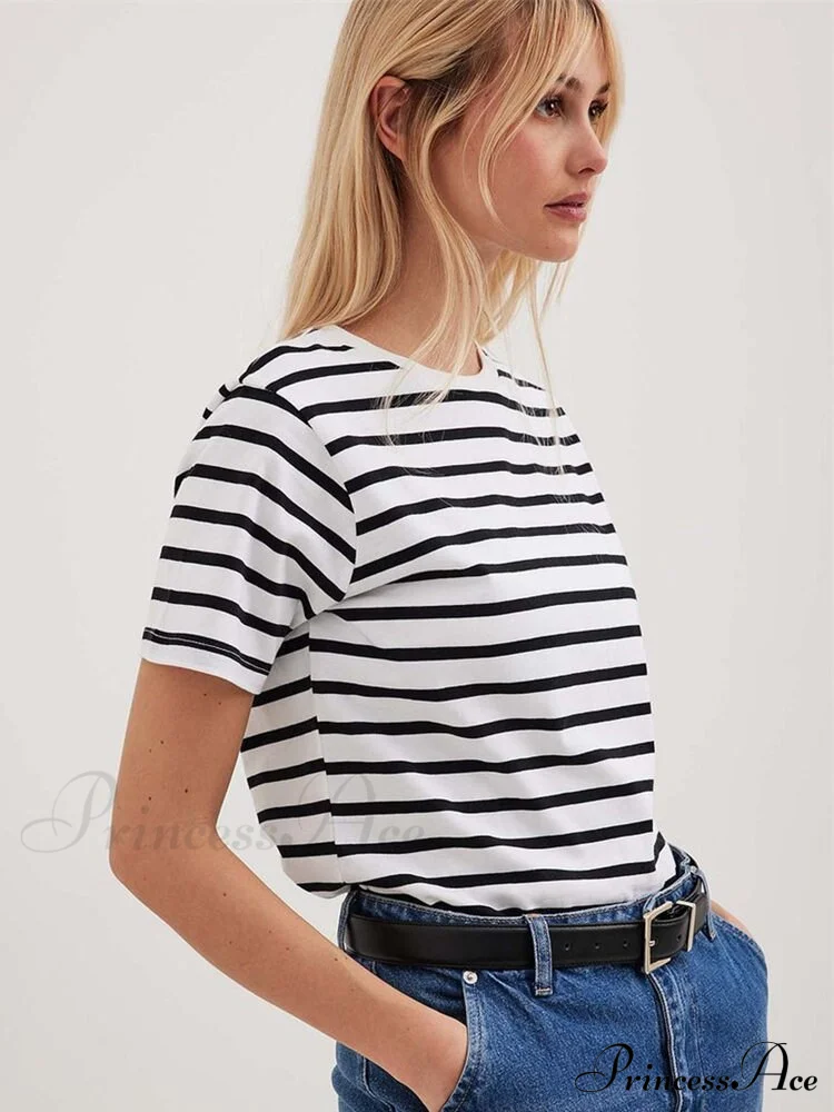 Casual Women's Cotton Harajuku Neck Brief Warm-Season Arm Tops Striped O Loose Tee T-Shirt Style - Image 2