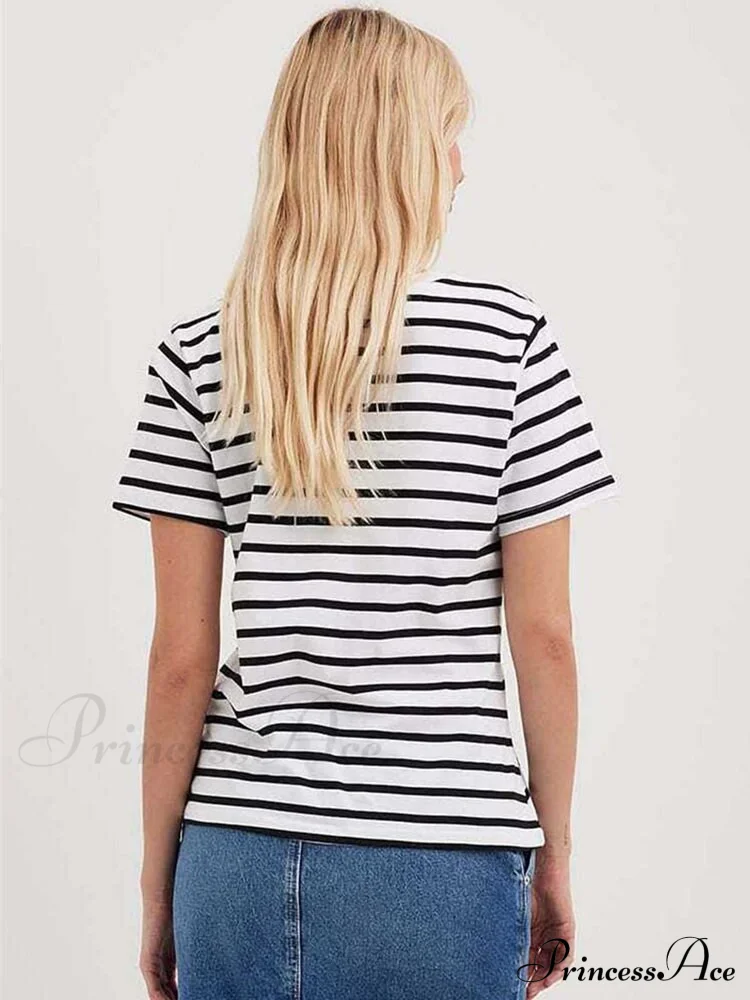 Casual Women's Cotton Harajuku Neck Brief Warm-Season Arm Tops Striped O Loose Tee T-Shirt Style - Image 3