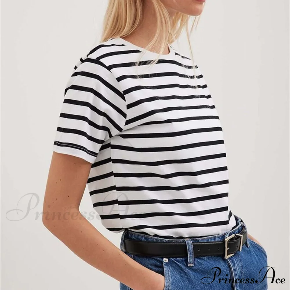 Casual Women's Cotton Harajuku Neck Brief Warm-Season Arm Tops Striped O Loose Tee T-Shirt Style - Image 4
