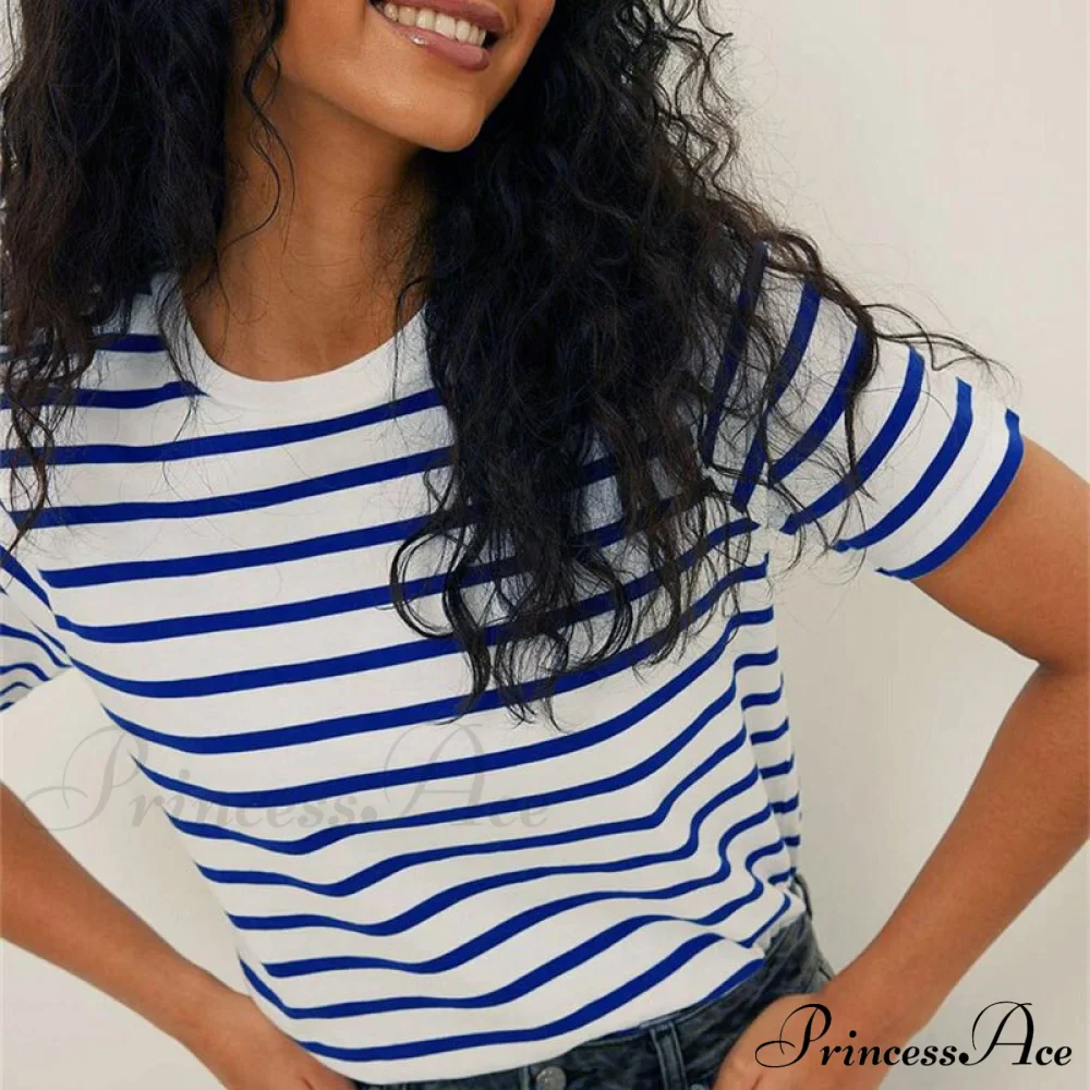Casual Women's Cotton Harajuku Neck Brief Warm-Season Arm Tops Striped O Loose Tee T-Shirt Style - Image 5