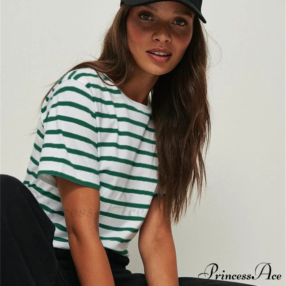Casual Women's Cotton Harajuku Neck Brief Warm-Season Arm Tops Striped O Loose Tee T-Shirt Style - Image 6