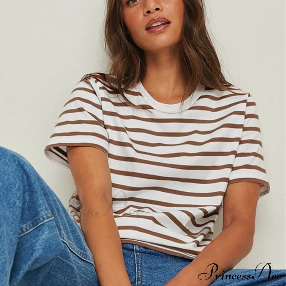 Casual Women's Cotton Harajuku Neck Brief Warm-Season Arm Tops Striped O Loose Tee T-Shirt Style - Image 7