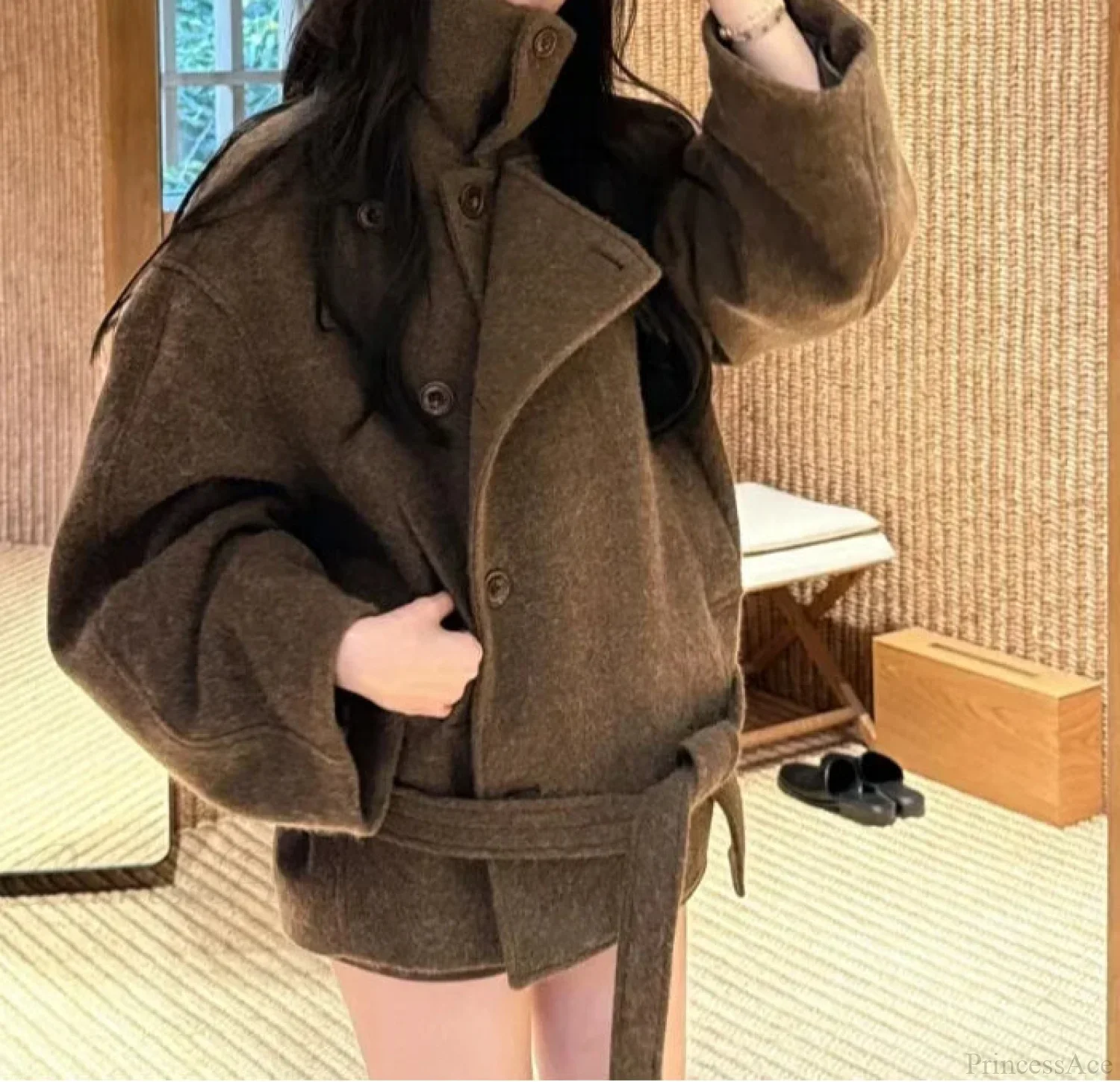Casual Wool Lace-Up Stand Collar Overcoat - Image 2