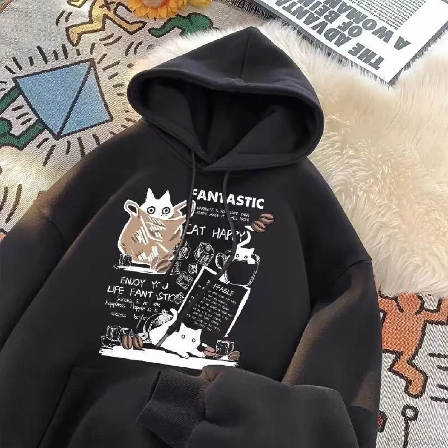 Cat Cartoon Printed Pullover Hoodie - Image 2