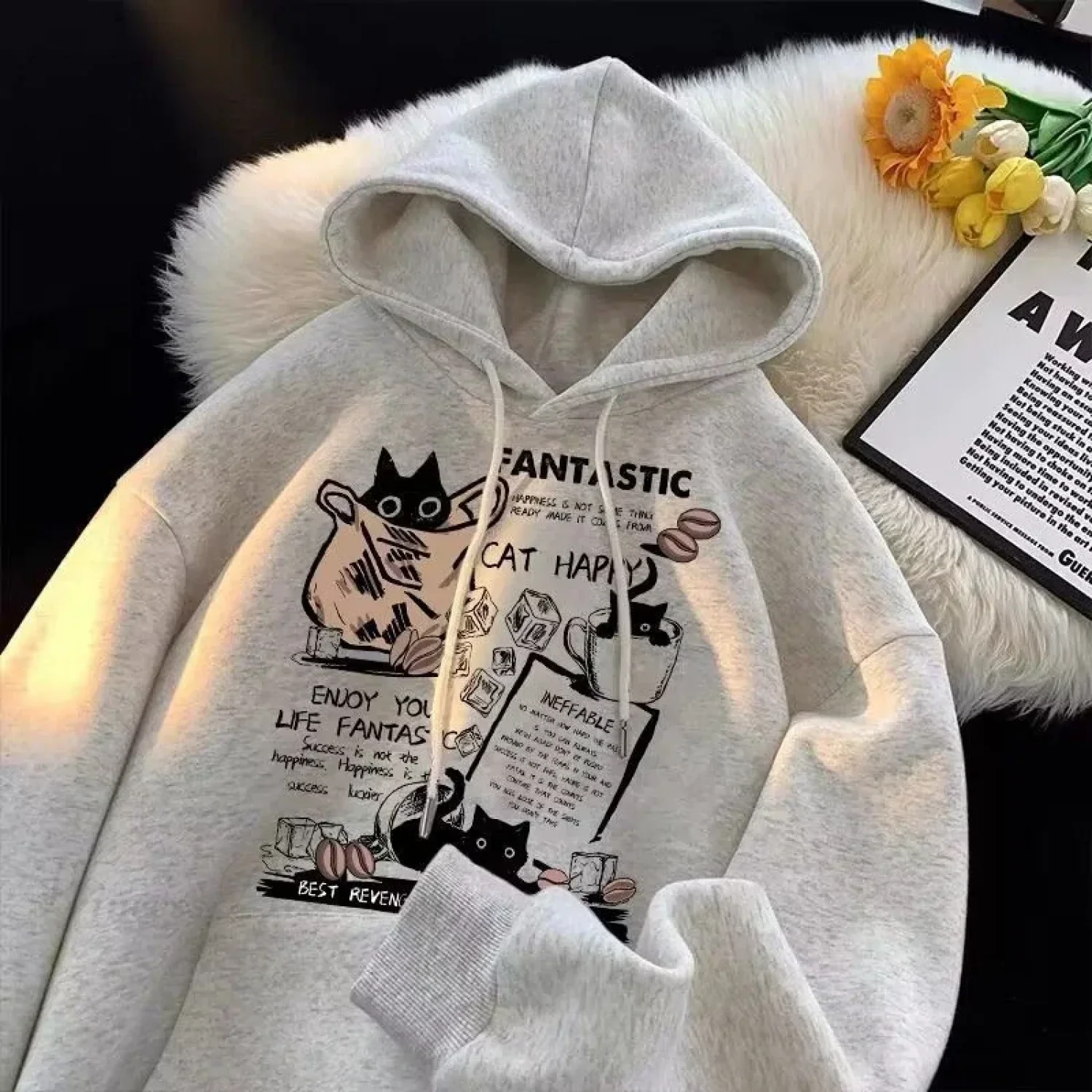 Cat Cartoon Printed Pullover Hoodie - Image 3