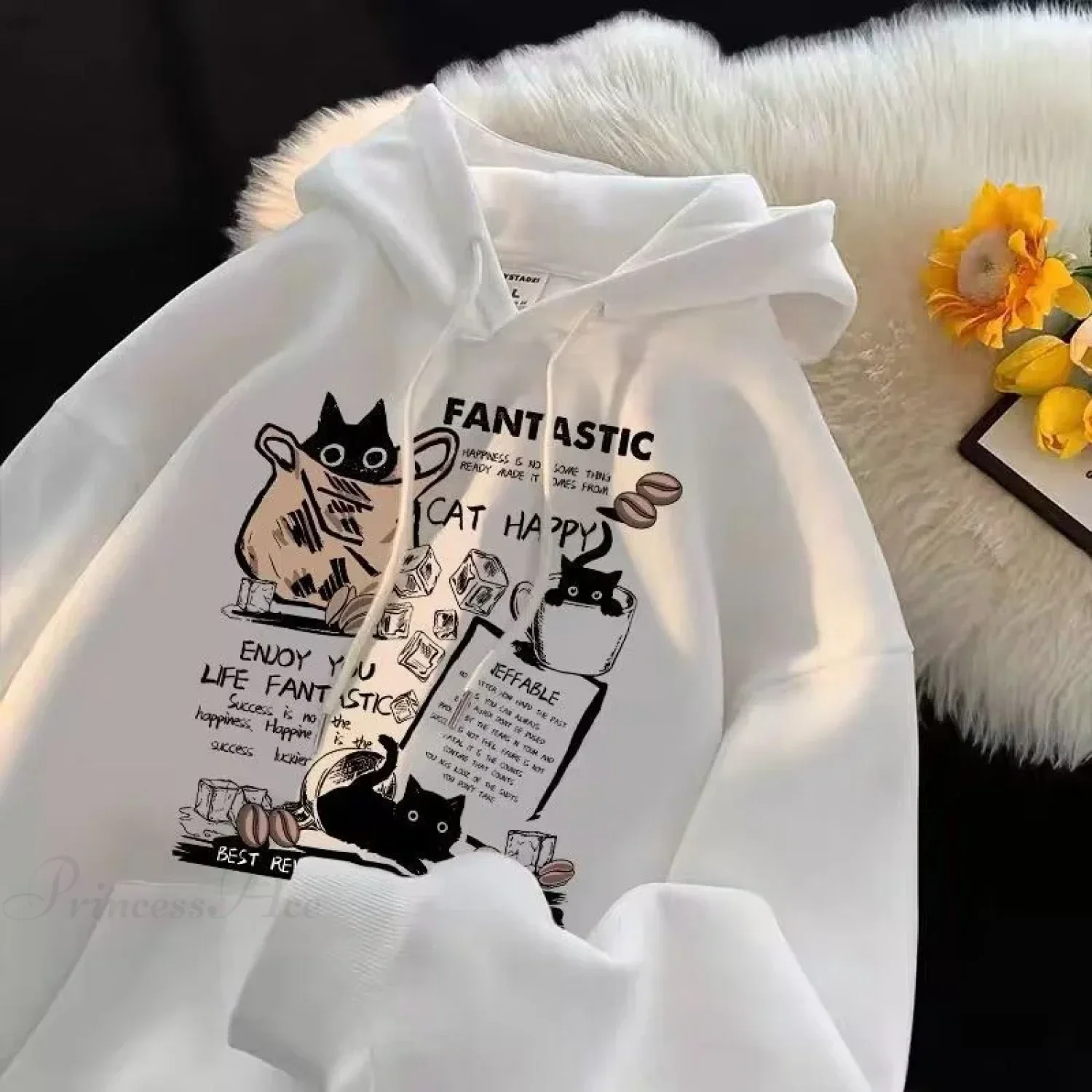 Cat Cartoon Printed Pullover Hoodie - Image 4