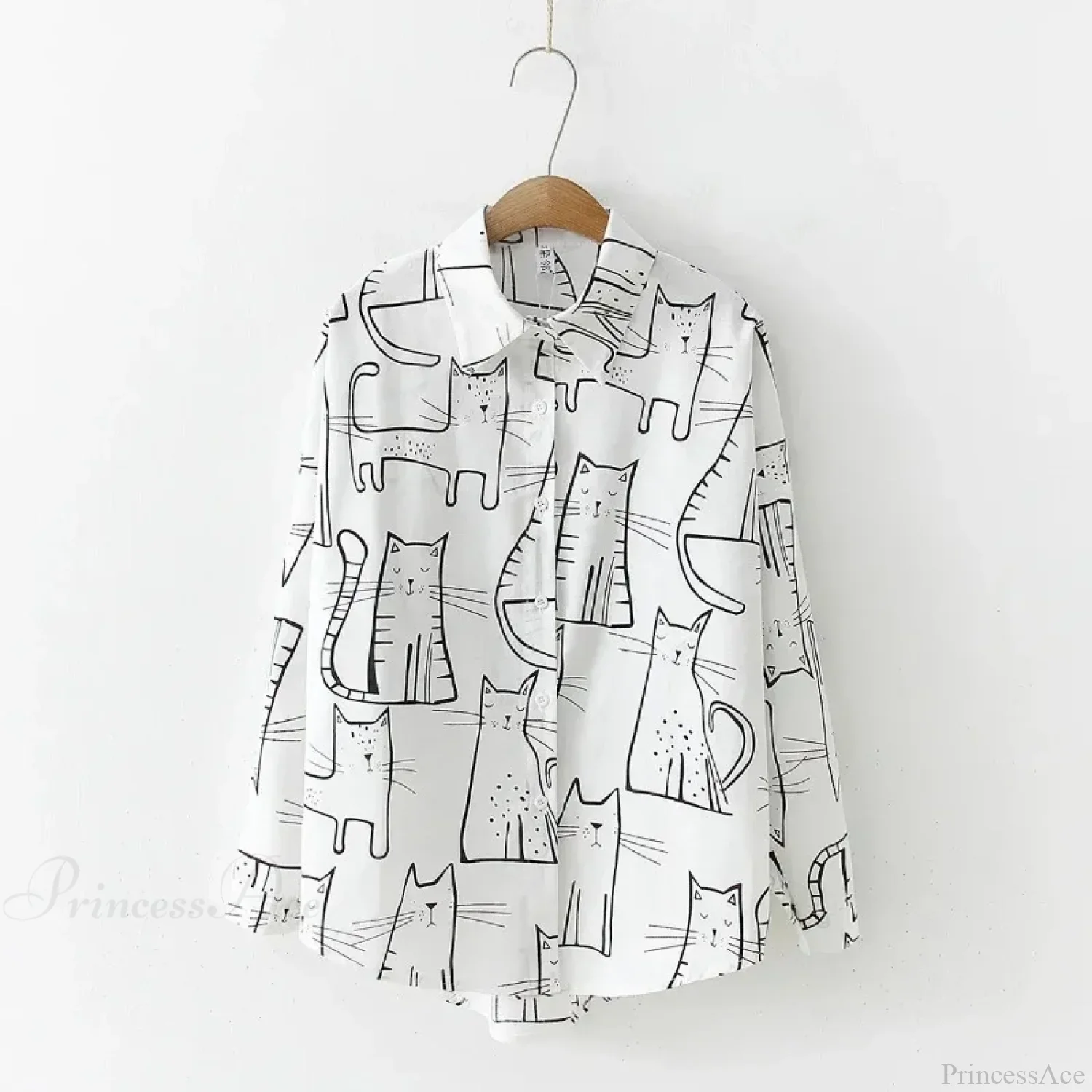 Cat Print Long Sleeve Vintage Casual Blouse - Image 5