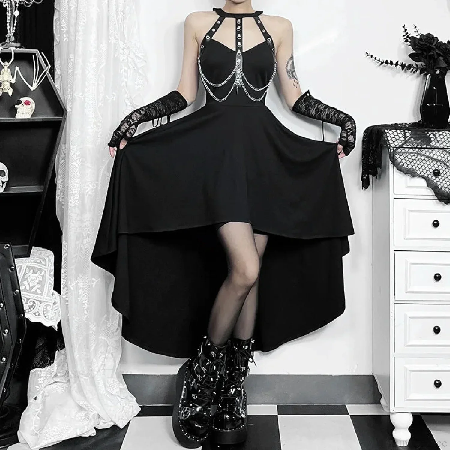 Chains Ornament Halter Swing Midi Dress - Image 3