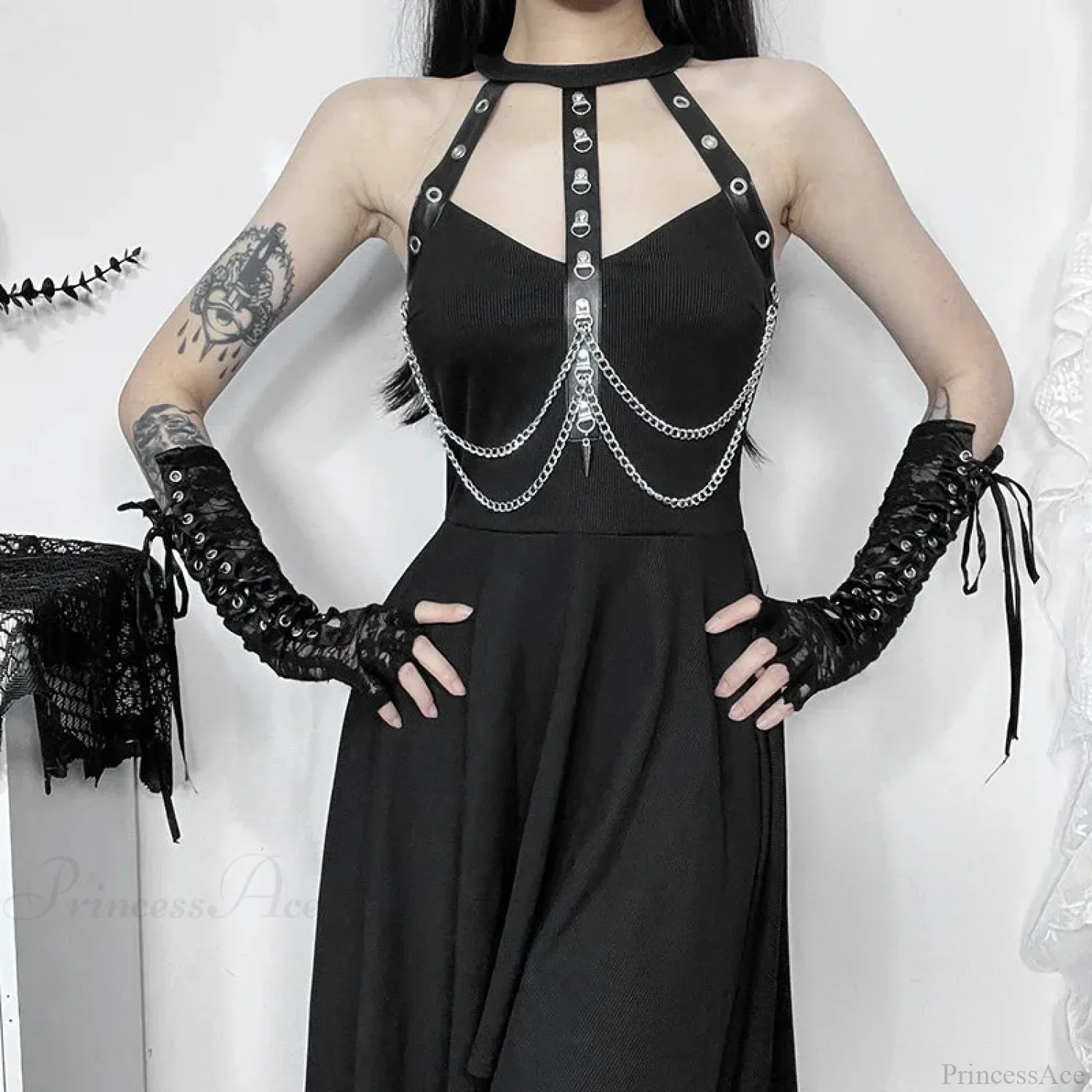 Chains Ornament Halter Swing Midi Dress - Image 4