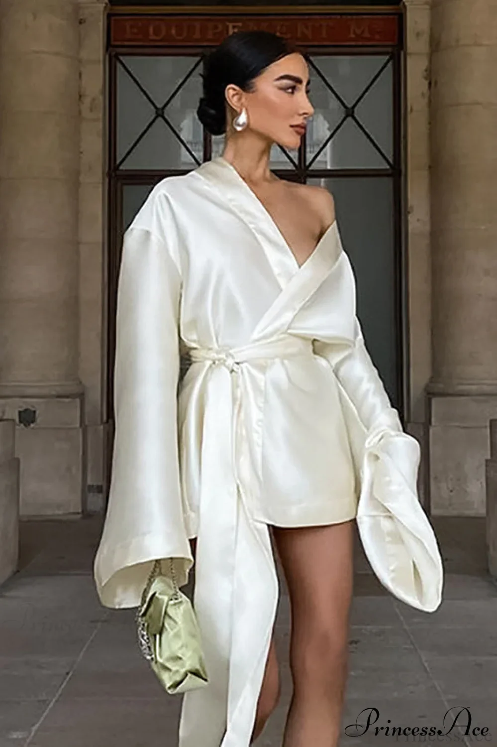 Champagne Satin Tie Waist Long Sleeve V Neck A Line Mini Dress - Image 3