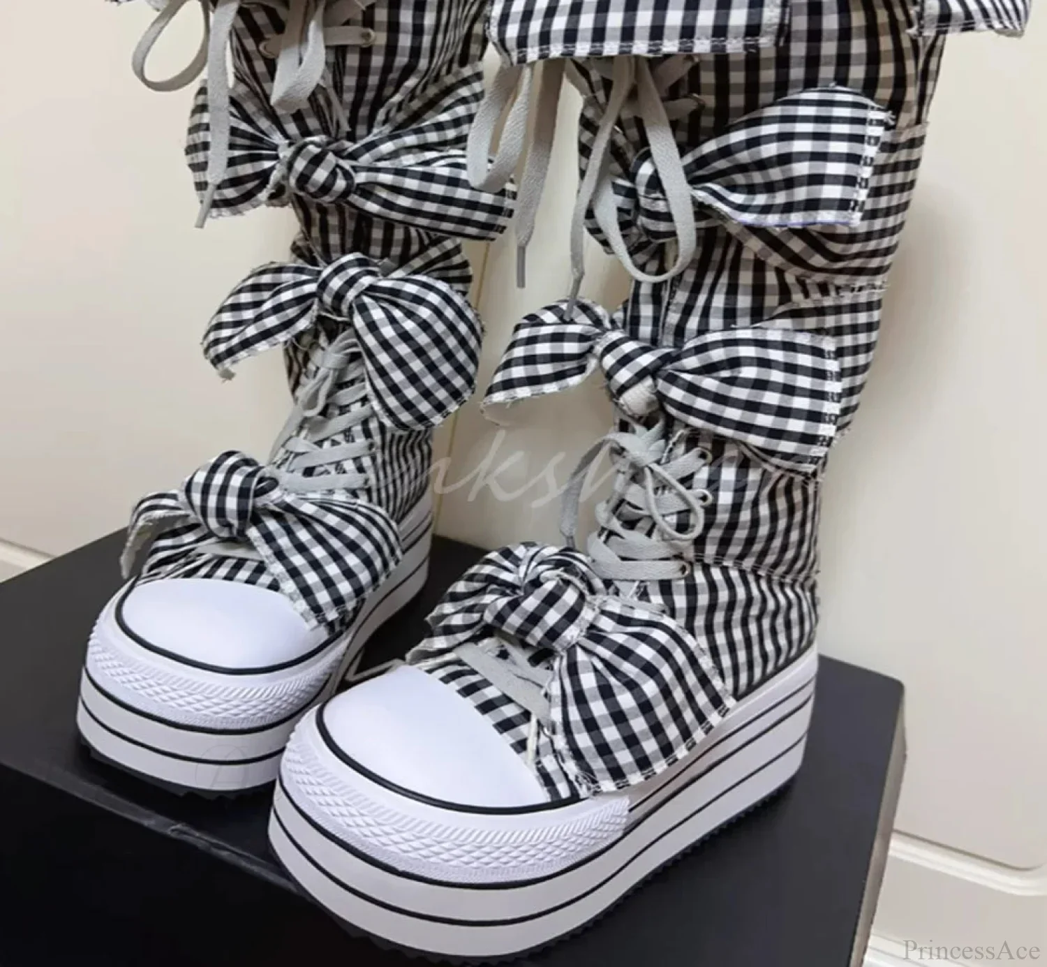 Checkered Circular Toe Knee-High Butterfly Knot Boot - Image 2