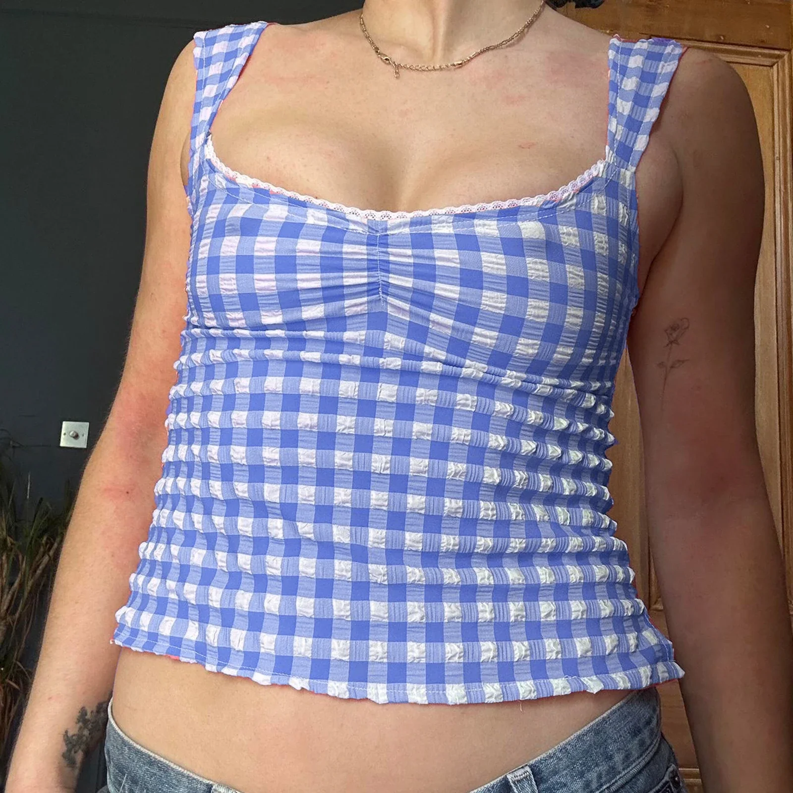 Checkered Lace Square Crop Top - Image 2