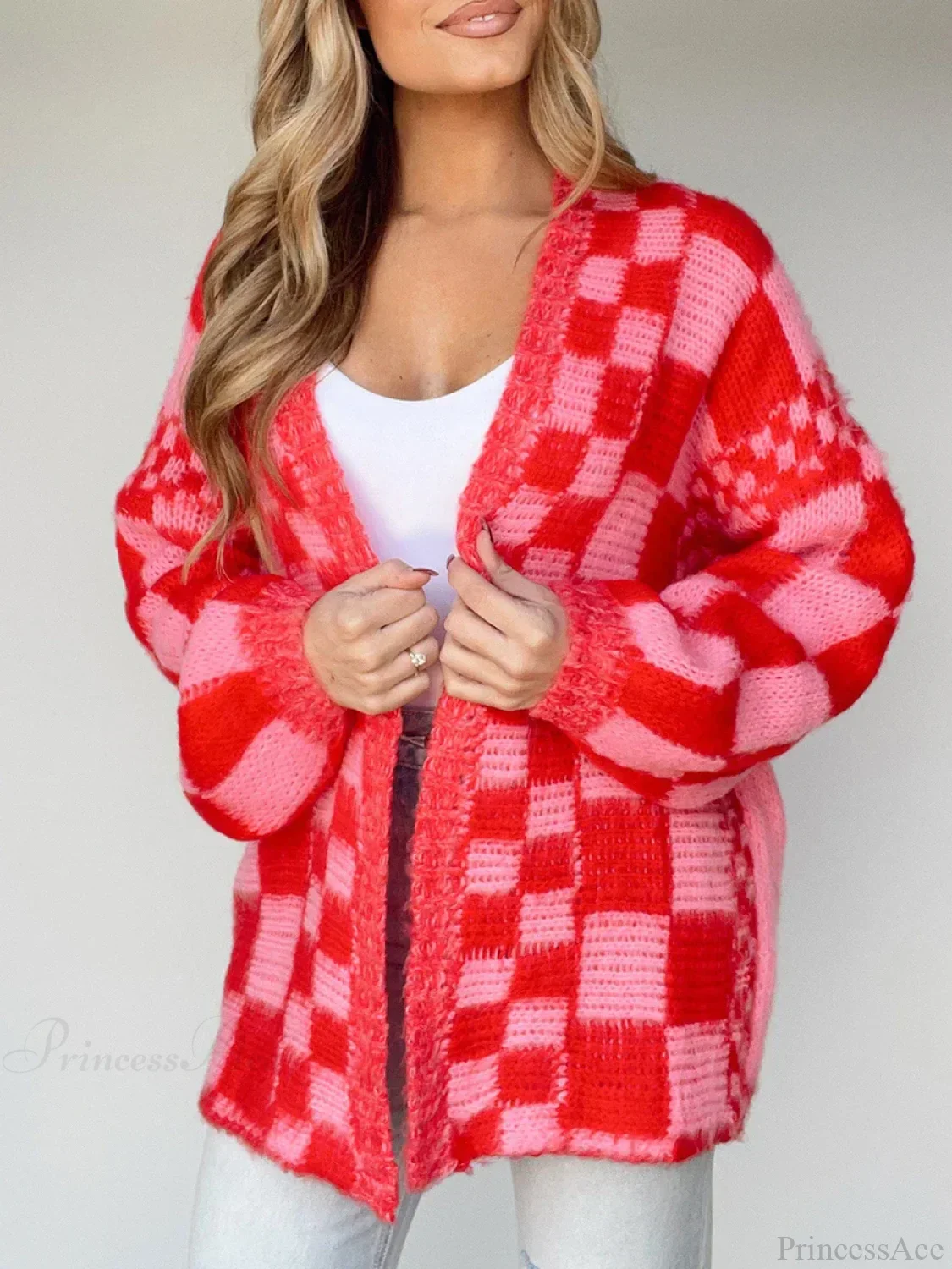 Checkered Loose Long Sleeve Open Front Cardigan - Image 3