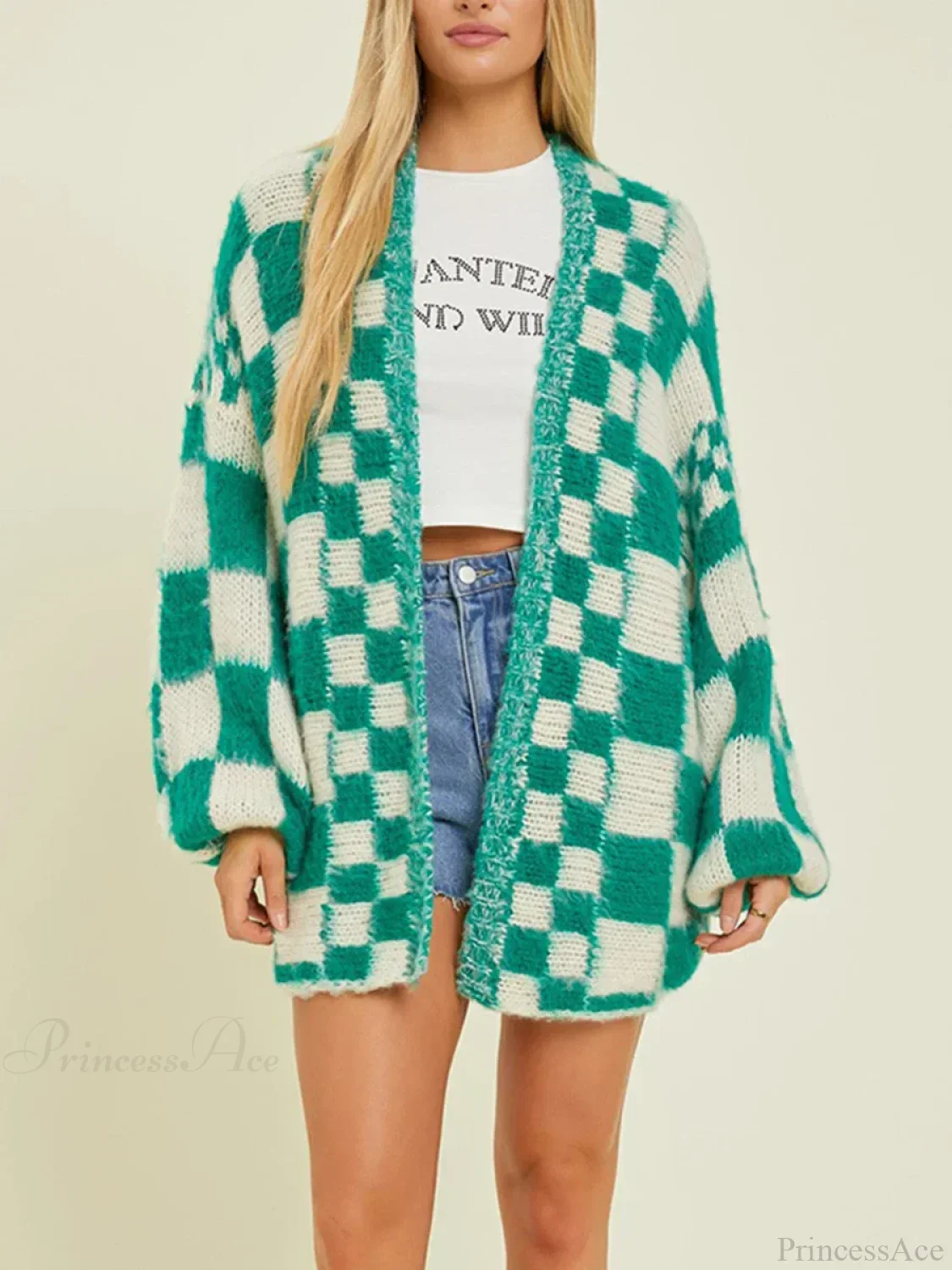 Checkered Loose Long Sleeve Open Front Cardigan - Image 6