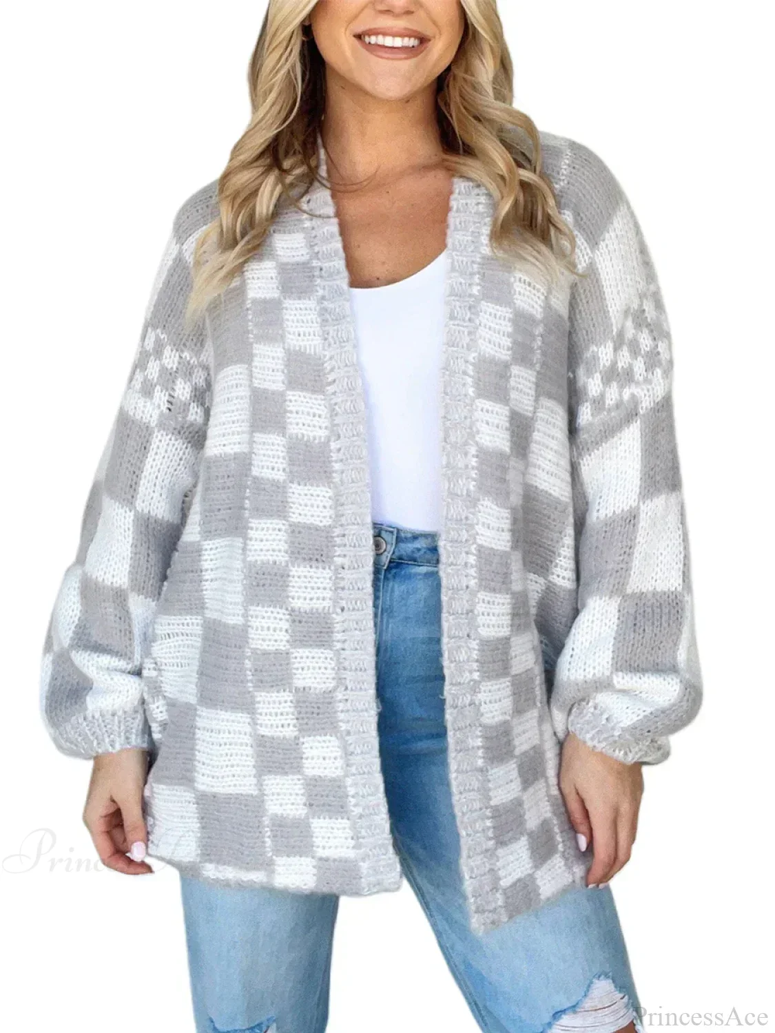 Checkered Loose Long Sleeve Open Front Cardigan - Image 7
