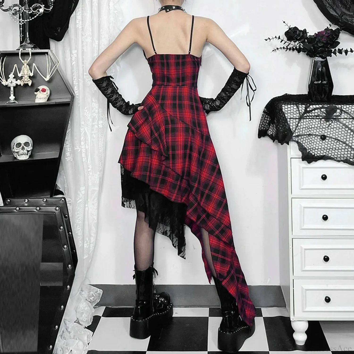 Checkered Suspenders Rebel Rock Midi Dress - Image 3