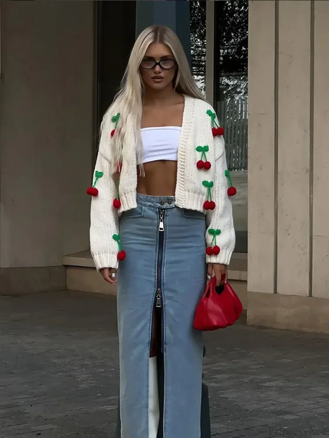 Cherry Decorated V-neck Cardigan Sweater - Image 3