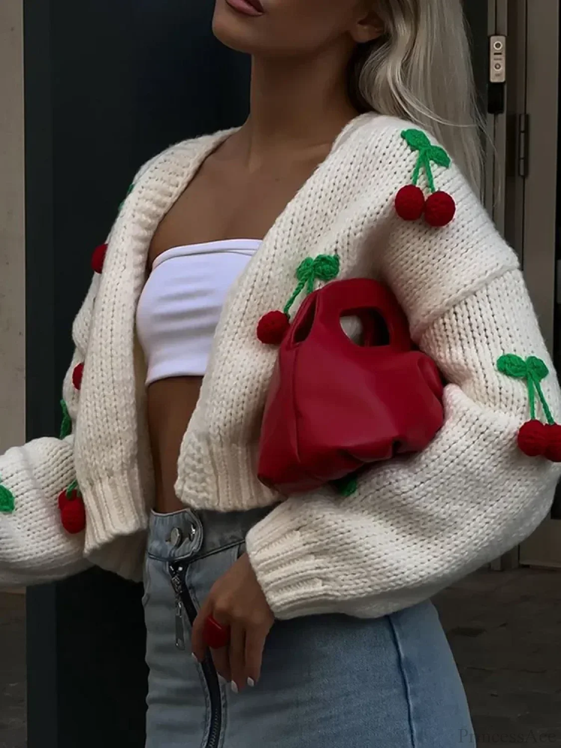 Cherry Decorated V-neck Cardigan Sweater - Image 4