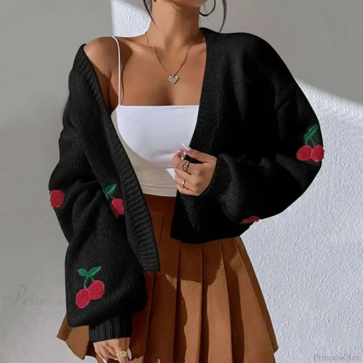 Cherry Embroidery Loose Long Sleeve Casual Knit Cardigan - Image 4