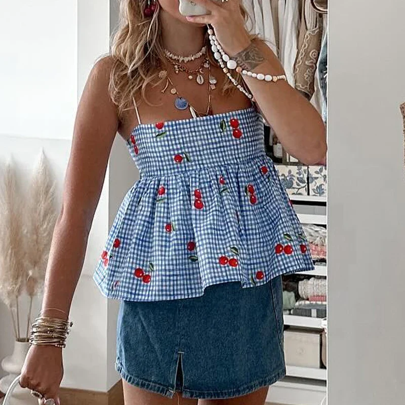 Cherry Plaid Peplum Crop Top - Image 3