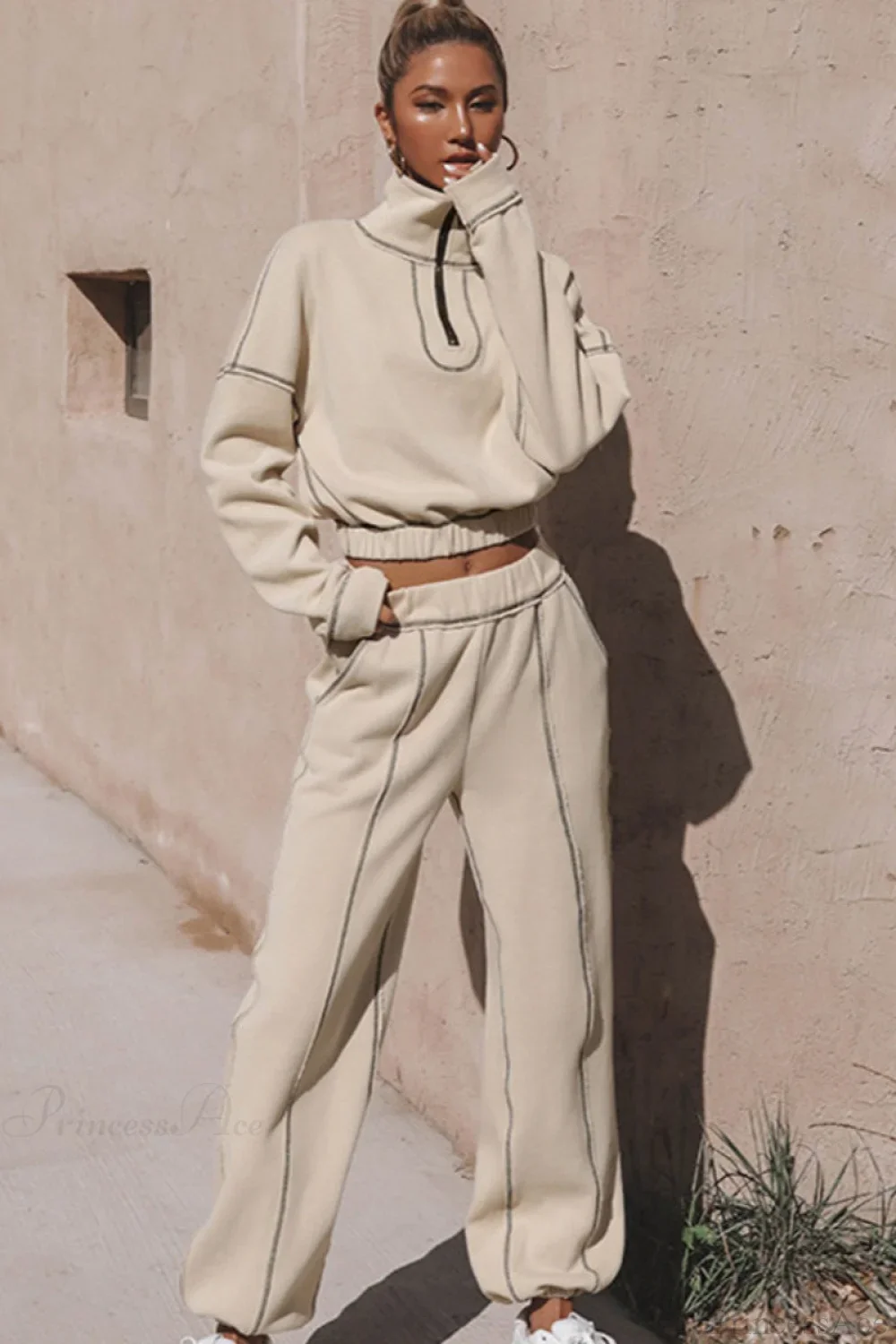Chic Athleisure Stand Collar Sweatshirt Elastic Jogger Two Piece Set - Image 2