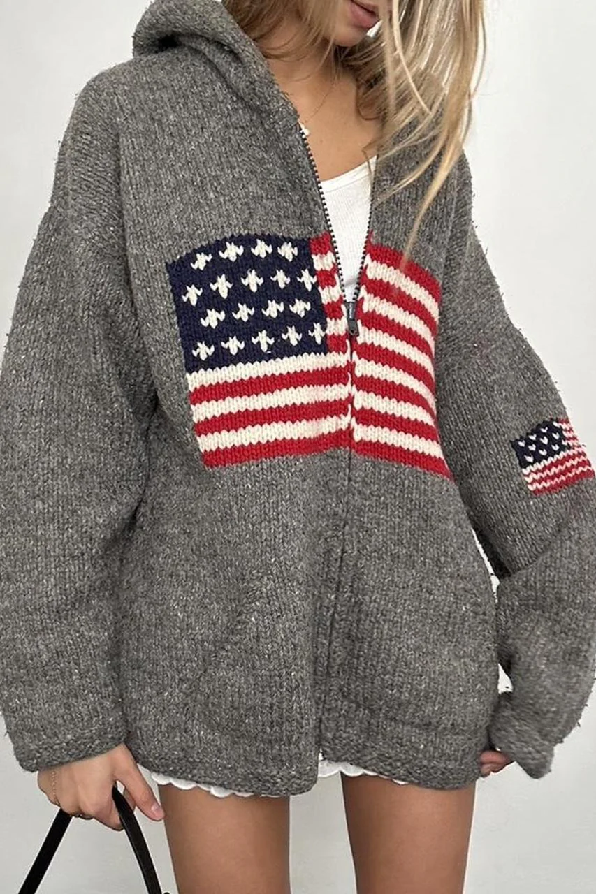 Chic Flag Graphic Knit Zippered Hoodie - Image 2