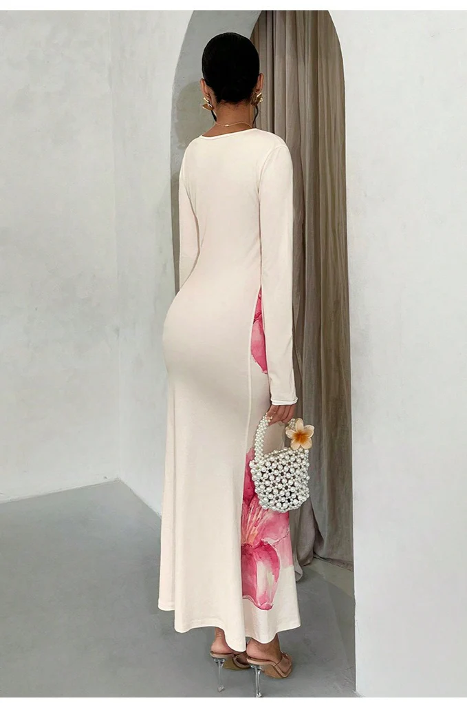 Chic Floral Print Bodycon Long Sleeve Maxi Dress - Image 2