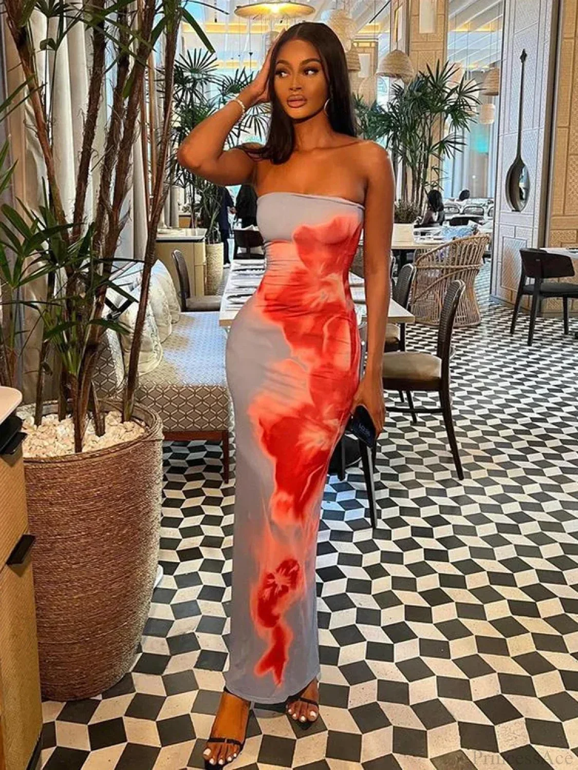 Chic Floral Strapless Midi Split Backless Dress - Image 2