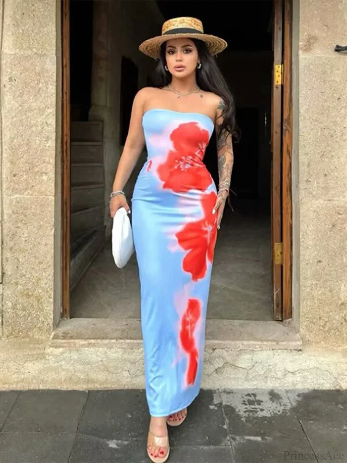 Chic Floral Strapless Midi Split Backless Dress - Image 6