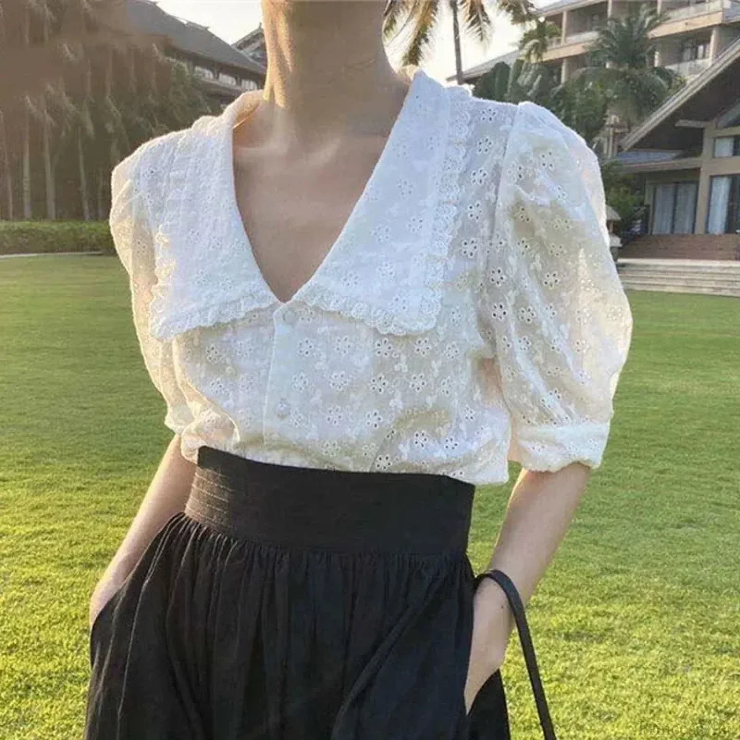 Chic Hollow Lace Puff Sleeve Peter Pan Collar Blouse - Image 3