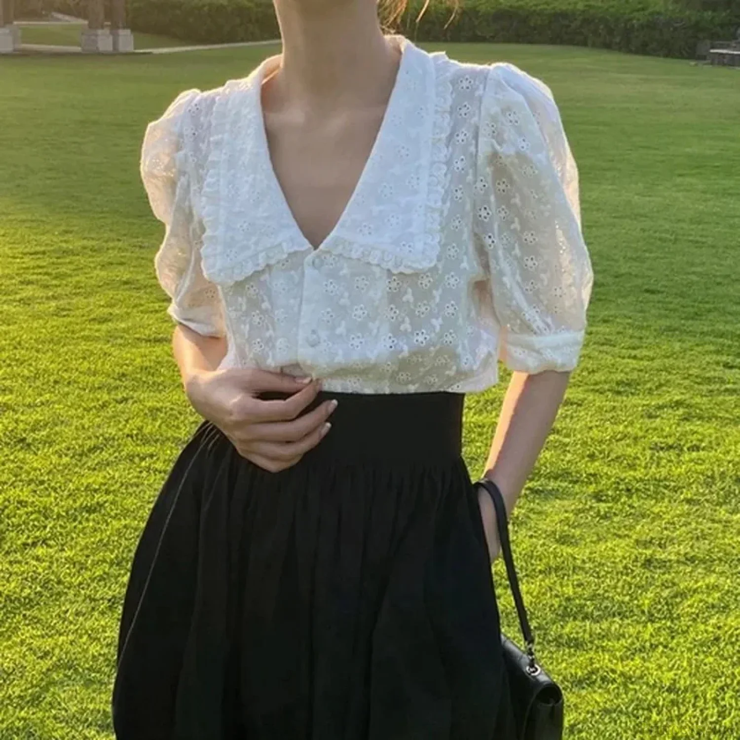 Chic Hollow Lace Puff Sleeve Peter Pan Collar Blouse - Image 4
