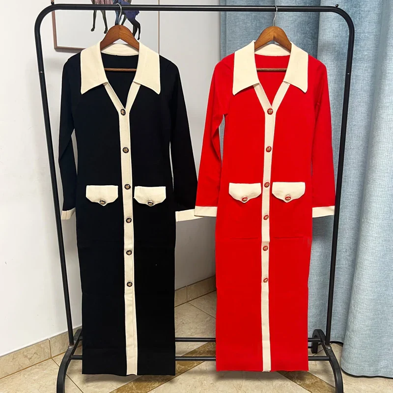 Chic Knitted Turn-down Collar Red Black Party Dress - Image 2