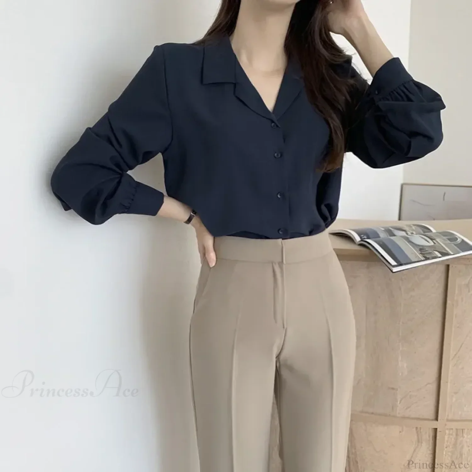 Chic Lantern Sleeve Suit Collar Loose Office Shirt - Image 6