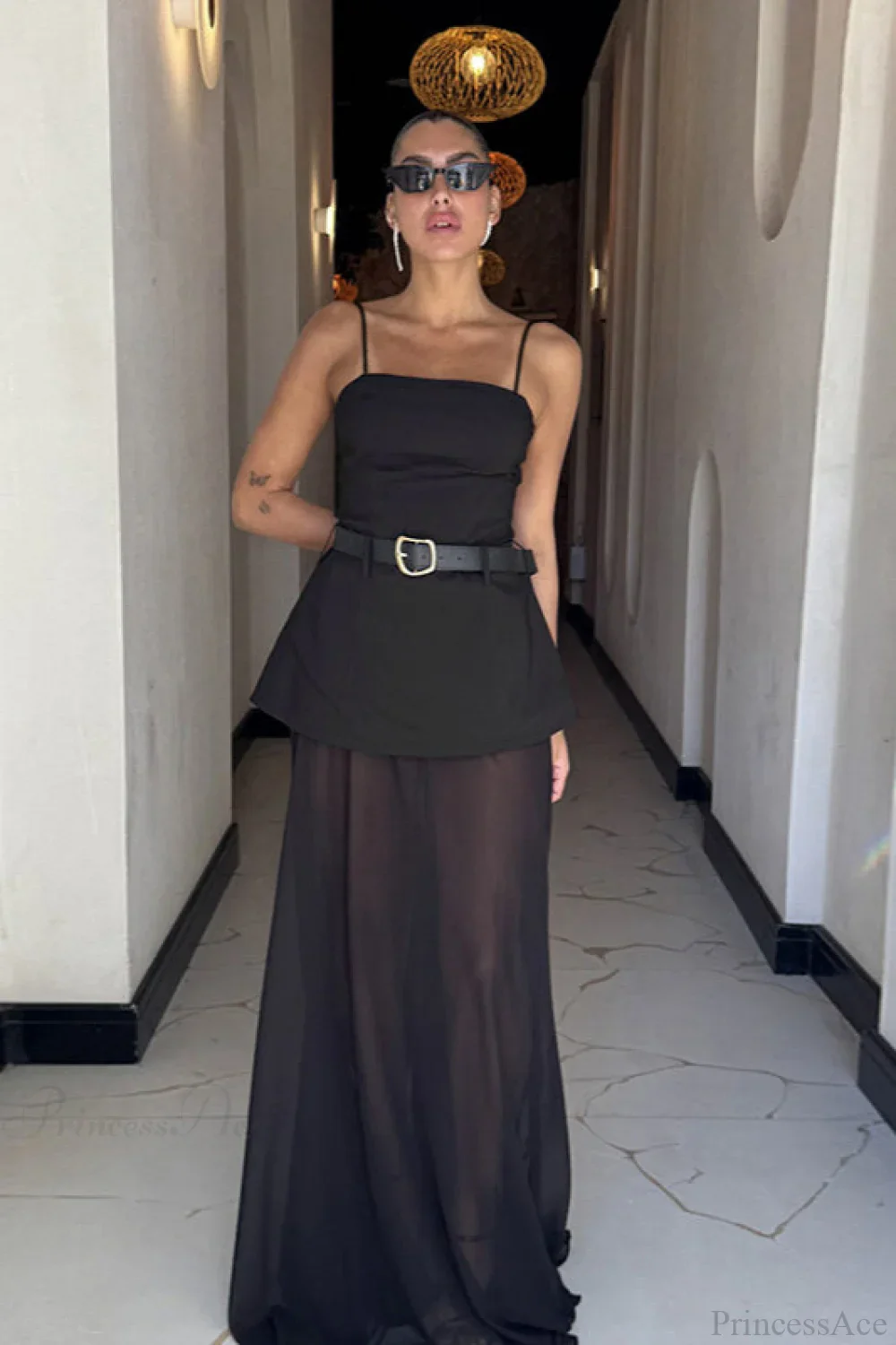 Chic Mesh Cami Panel Slim Maxi Dress