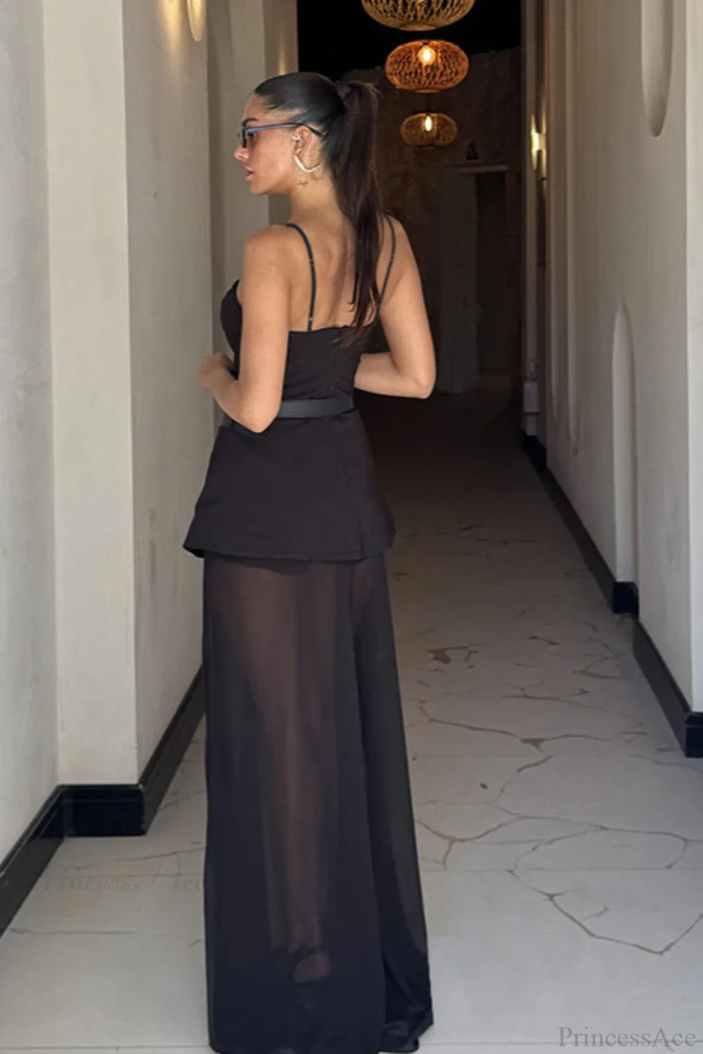 Chic Mesh Cami Panel Slim Maxi Dress - Image 2