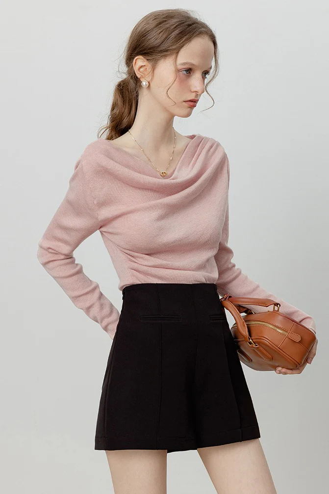 Chic Off Shoulder Tie Waist Cowl Neck Long Sleeve Tee - Image 3