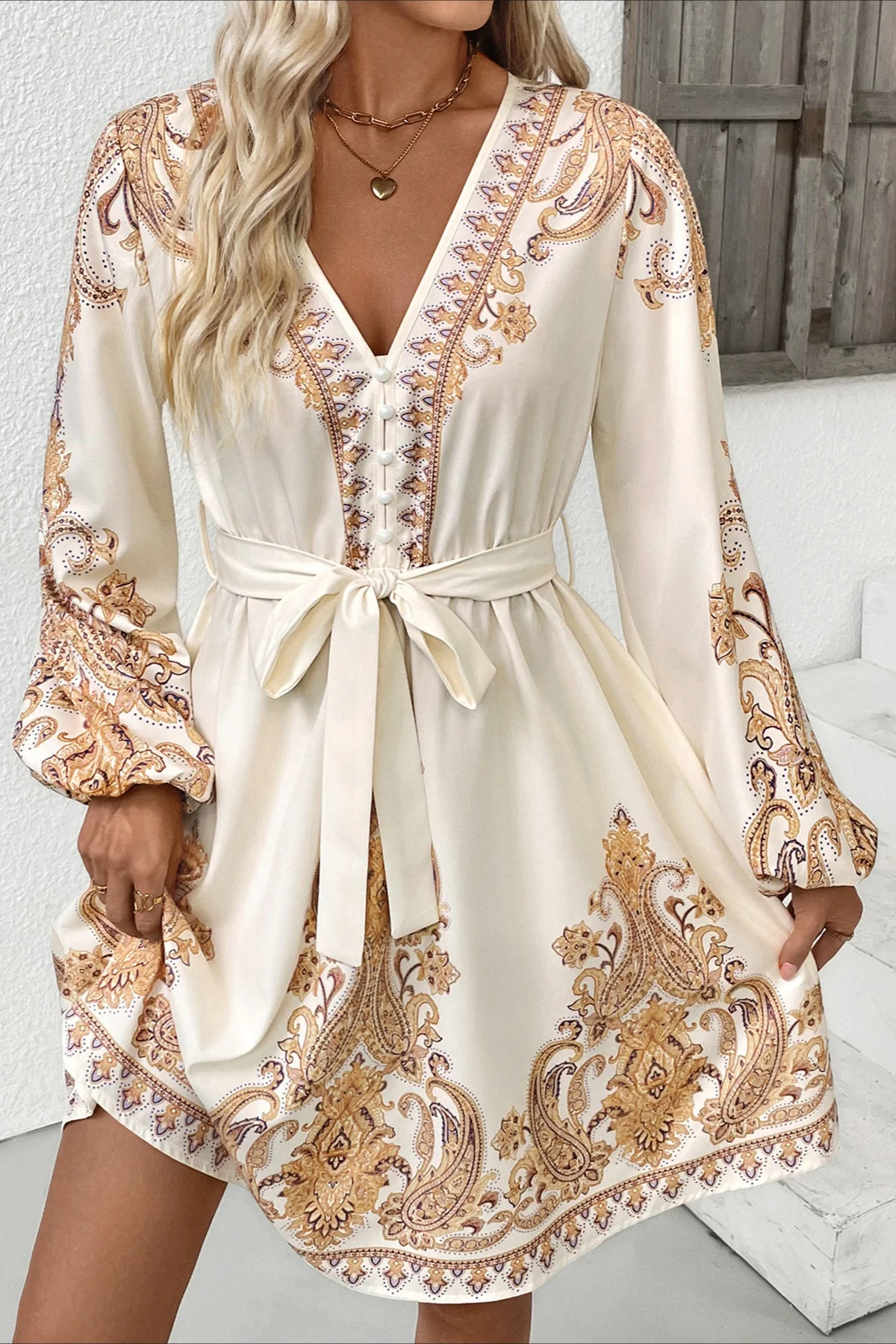 Chic Paisley Print V Neck Ethnic Mini Dress