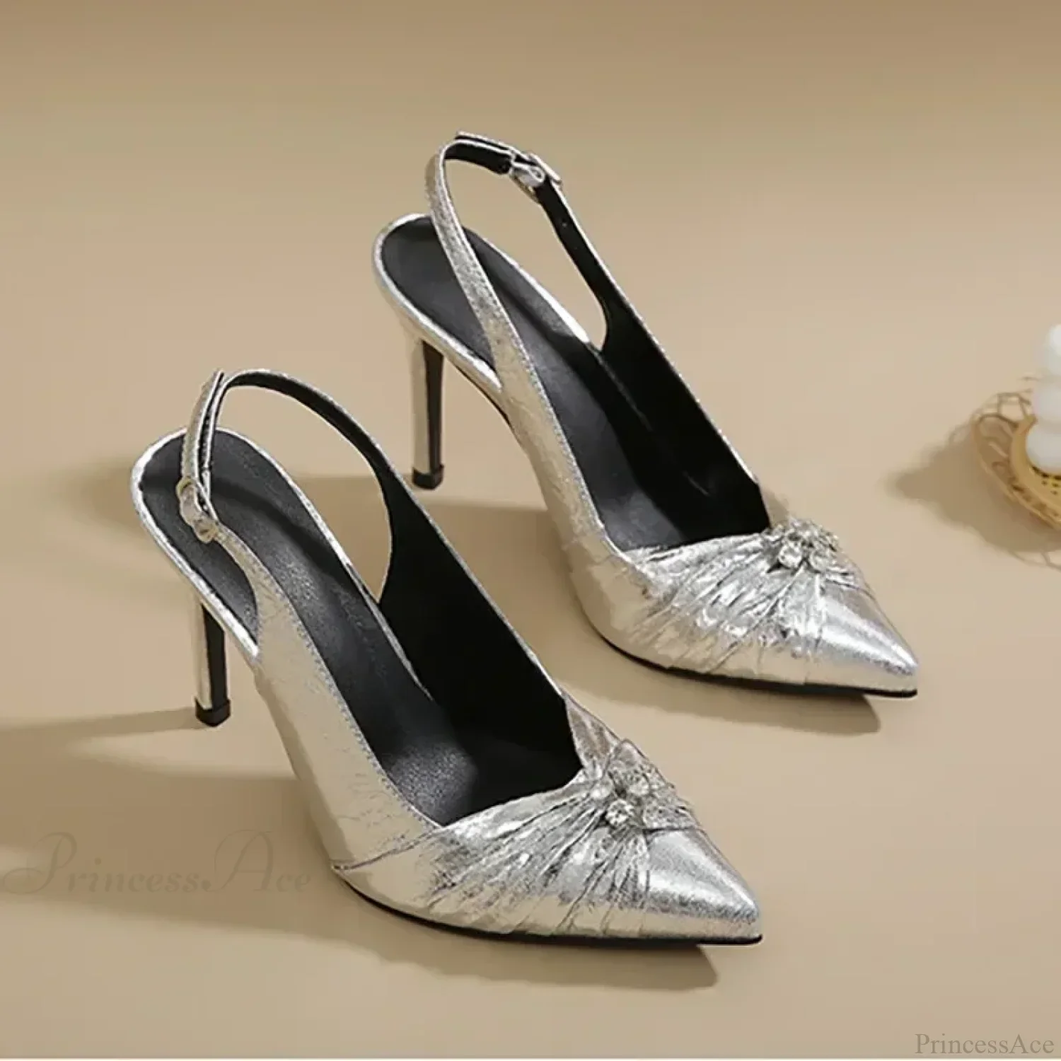 Chic Pointed Pleated Leather Rhinestone Decorative Buckle Slingback Thin High Heels Office High Heel - Image 4