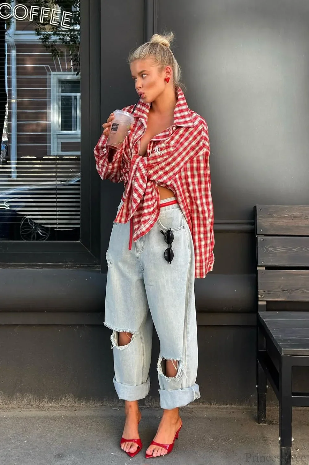 Chic Red Plaid Collared Loose Long Sleeve Blouse - Image 3