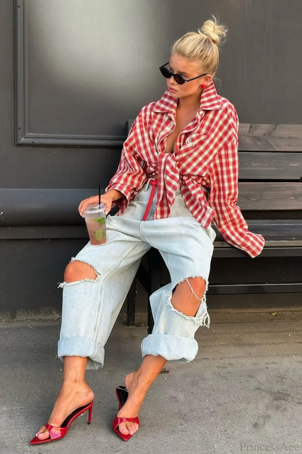 Chic Red Plaid Collared Loose Long Sleeve Blouse - Image 4
