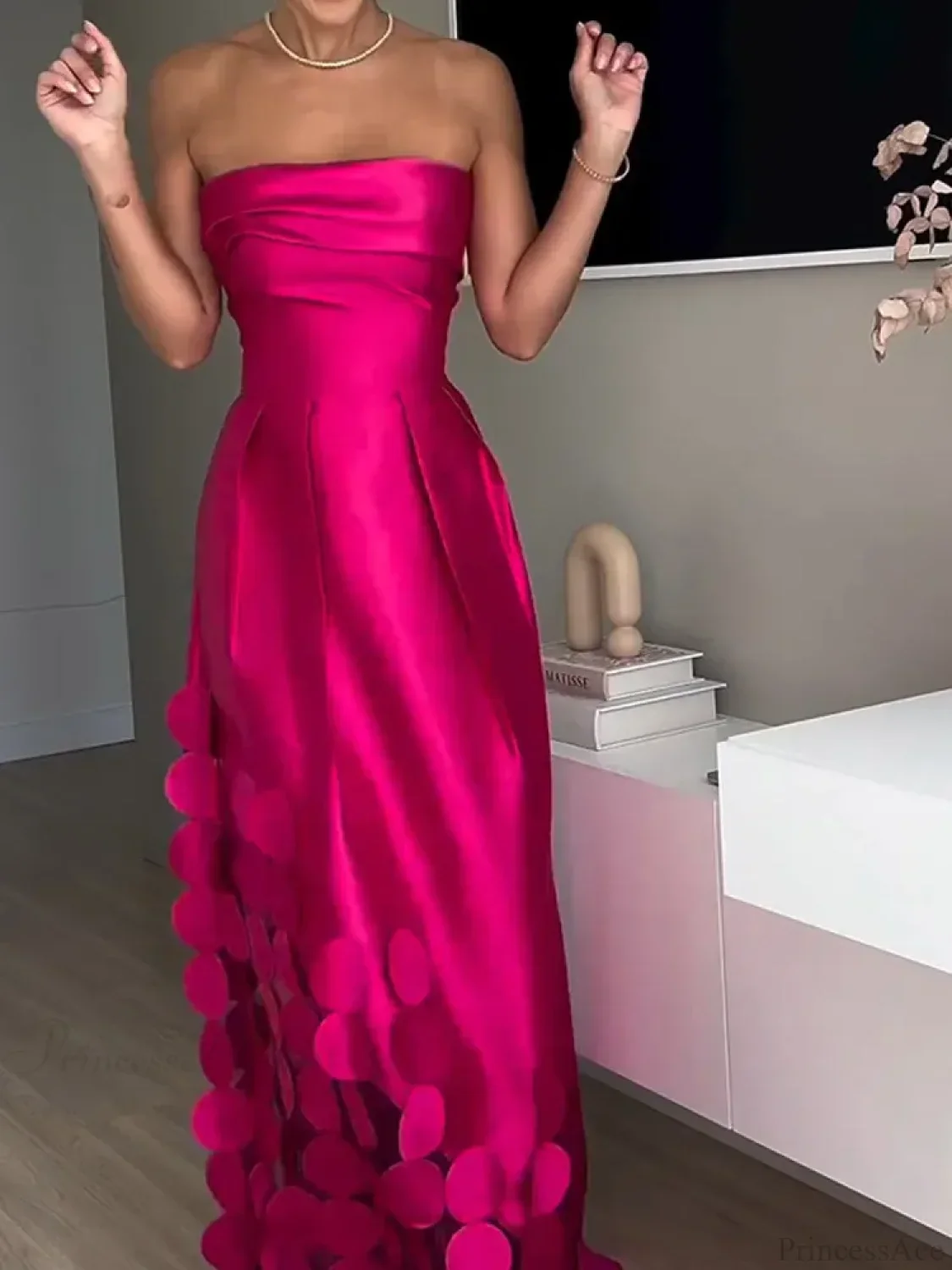 Chic Rose Red Sleeveless Satin Maxi Dress Elegant Backless Pleated Party Dress - Image 5