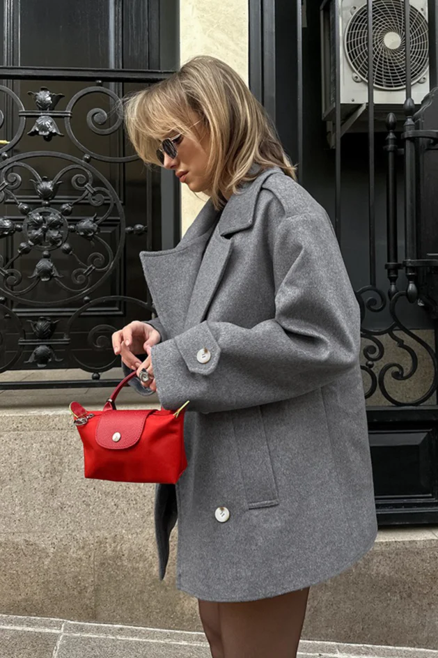 Chic Solid Notch Collar Double Breasted Coat - Image 4