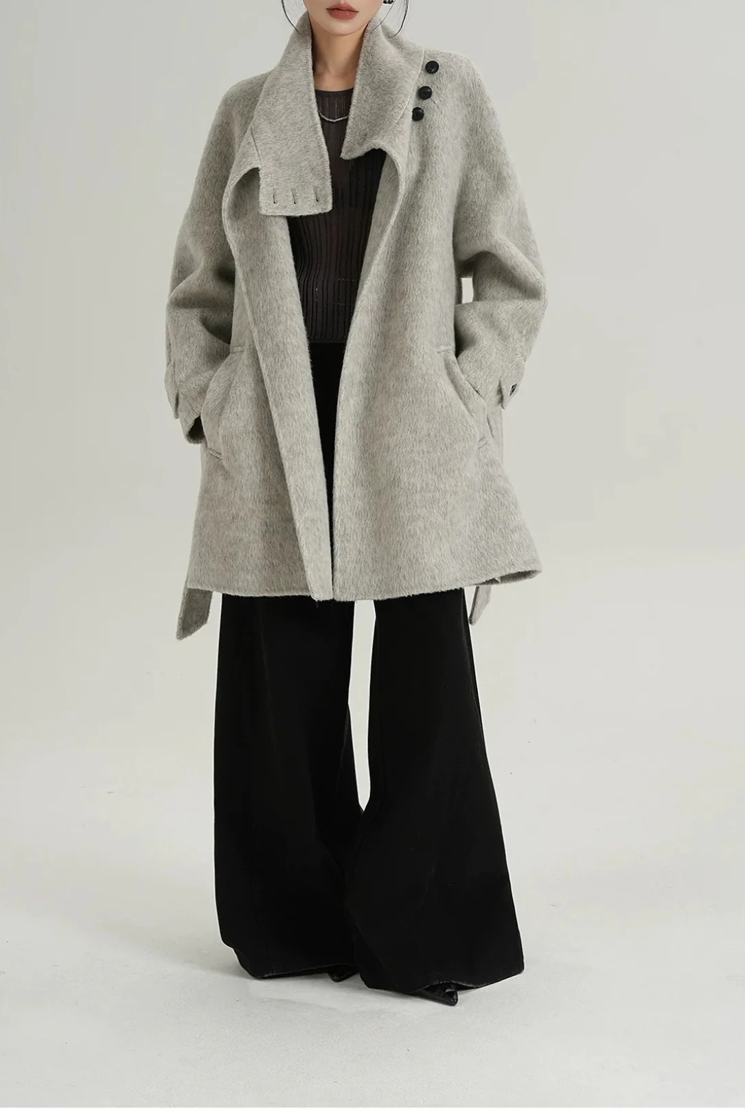 Chic Solid Wool Warm Loose Mock-neck Coat - Image 10