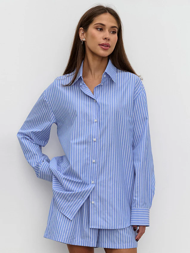 Chic Striped Cotton Casual Set Blouse
