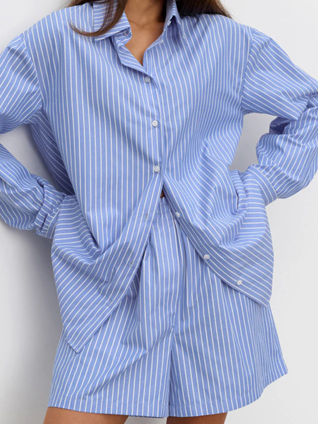 Chic Striped Cotton Casual Set Blouse - Image 7
